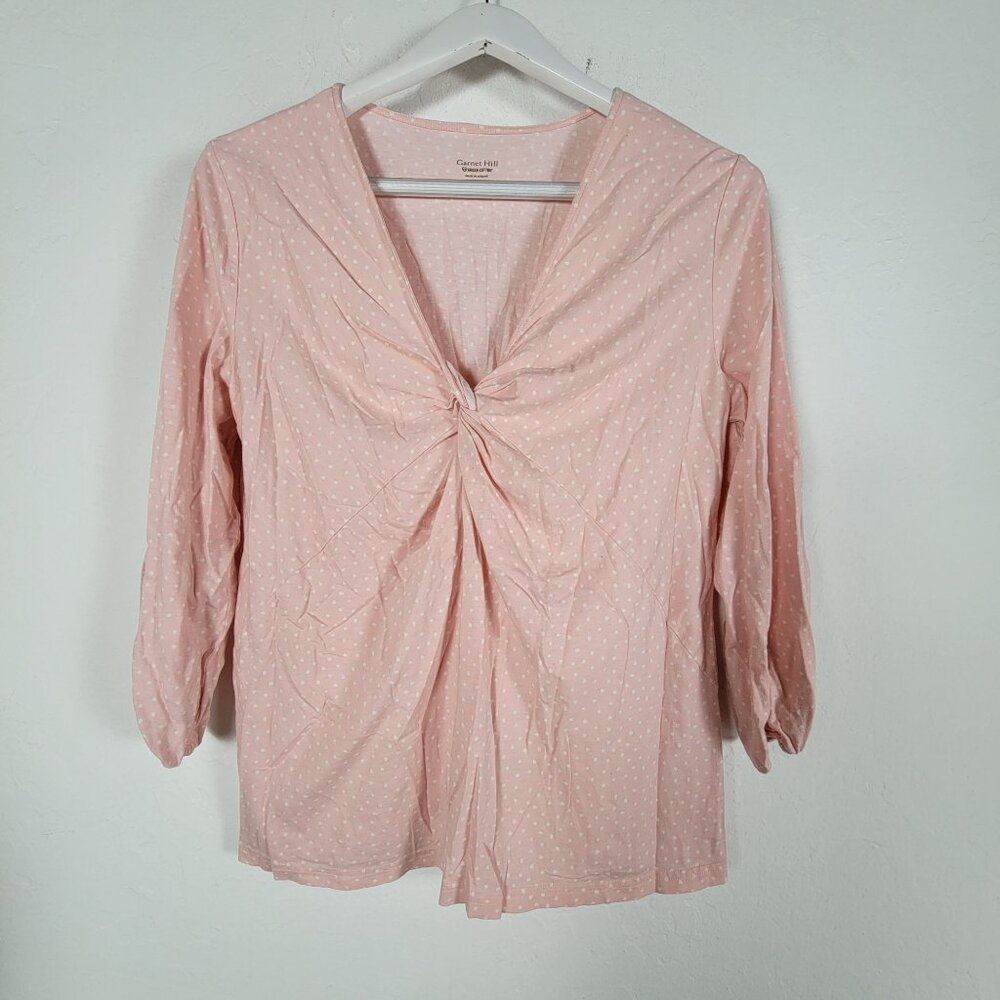 Garnet Hill Womens Pink Polka Dot Knot Front Top Medium 3/4 Sleeve Cotton Tencel